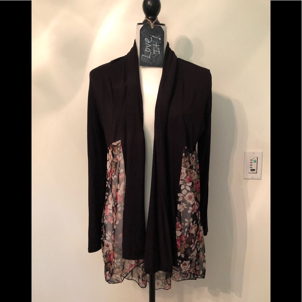 Black Knit Cardigan with Sheer Floral Body
